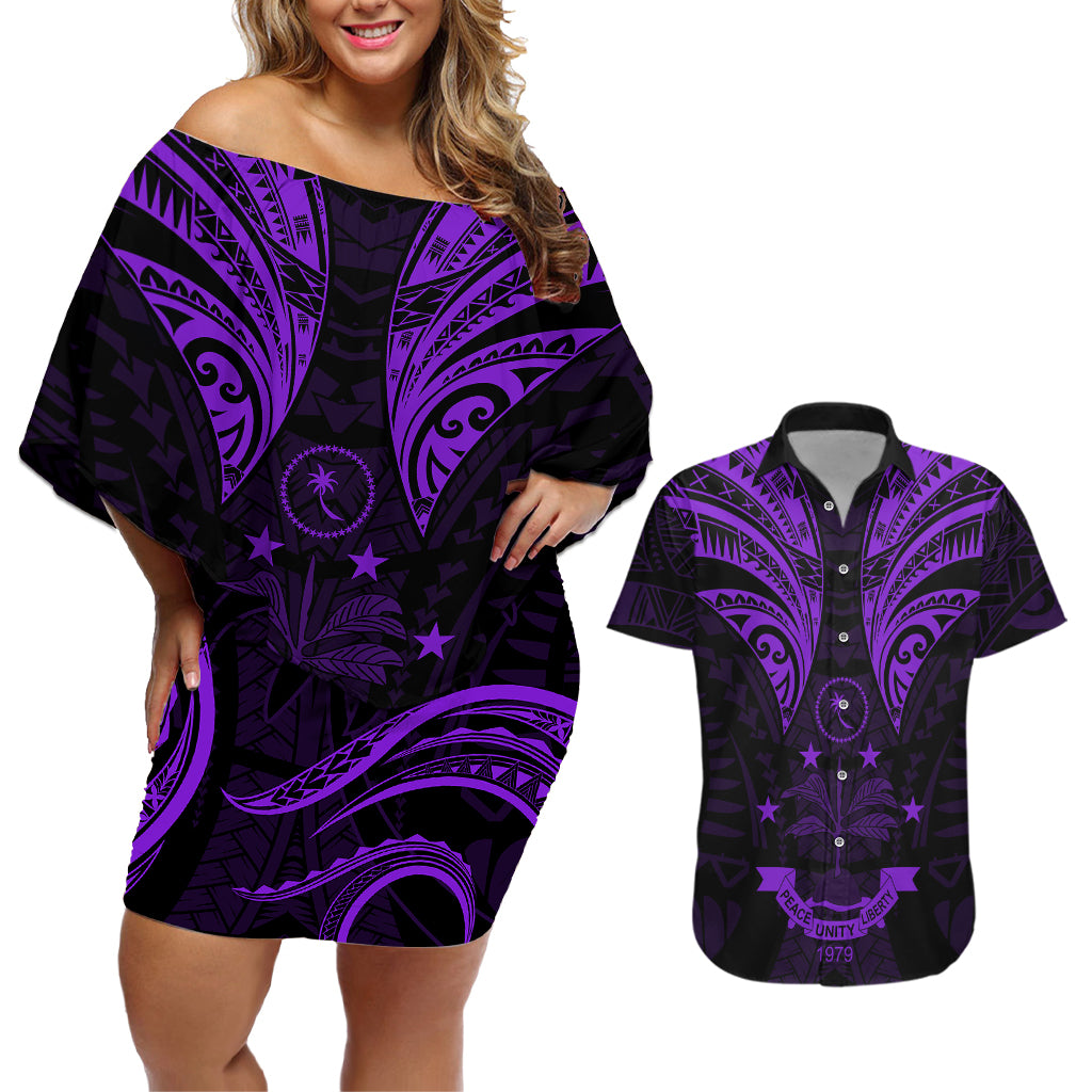 FSM Chuuk States Couples Matching Off Shoulder Short Dress and Hawaiian Shirt Micronesia Vintage Polynesian Tribal Purple Version LT9 Purple - Polynesian Pride
