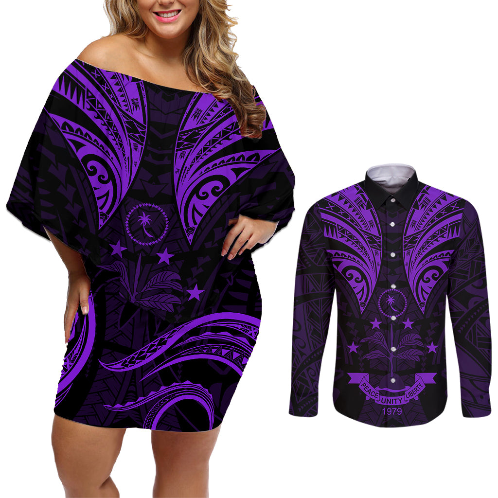 FSM Chuuk States Couples Matching Off Shoulder Short Dress and Long Sleeve Button Shirts Micronesia Vintage Polynesian Tribal Purple Version LT9 Purple - Polynesian Pride