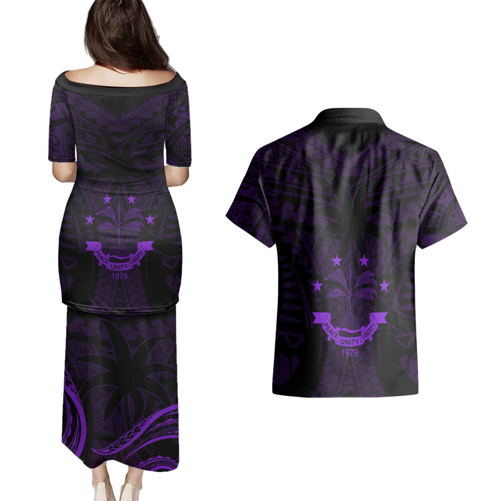 FSM Chuuk States Couples Matching Puletasi Dress and Hawaiian Shirt Micronesia Vintage Polynesian Tribal Purple Version LT9 - Polynesian Pride