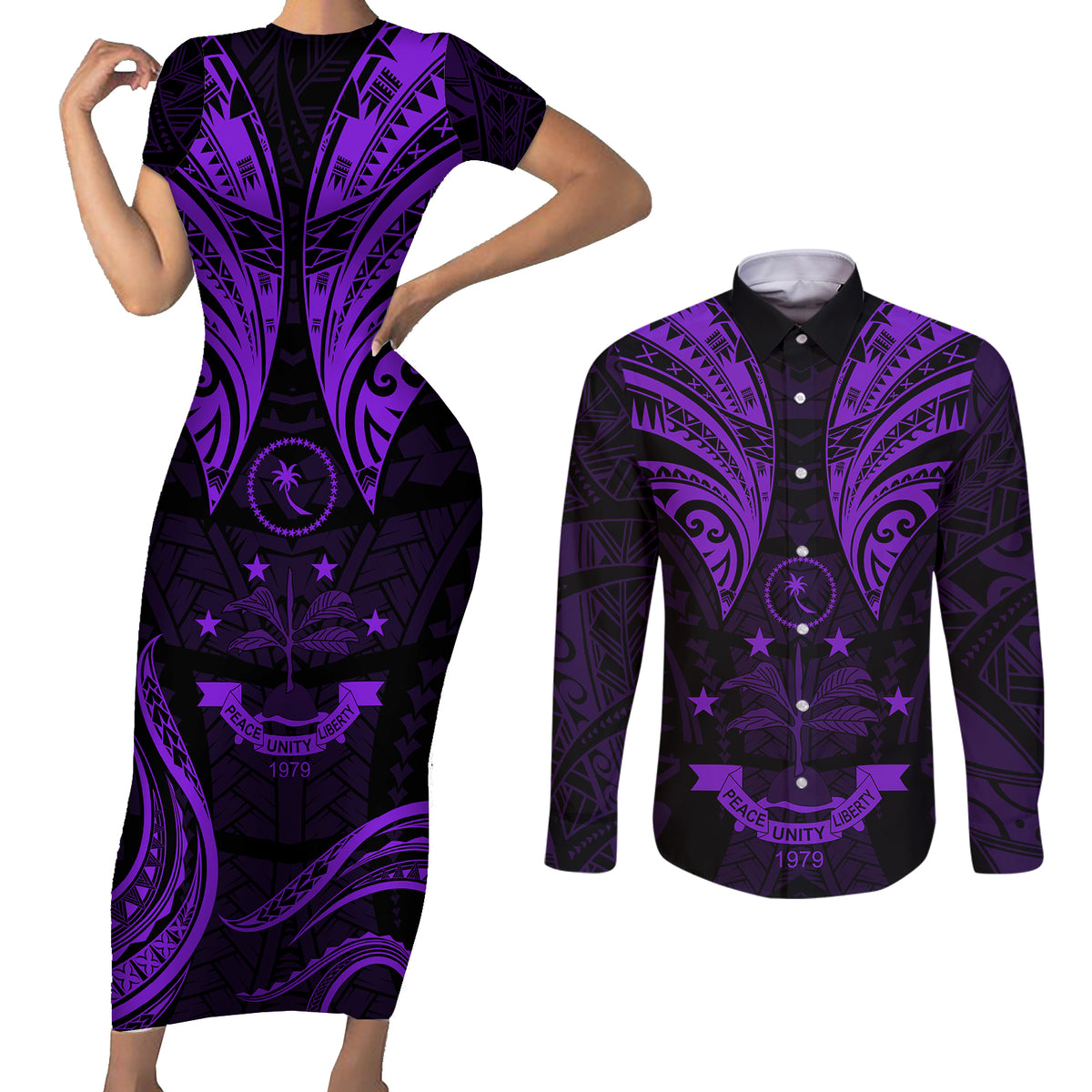 FSM Chuuk States Couples Matching Short Sleeve Bodycon Dress and Long Sleeve Button Shirts Micronesia Vintage Polynesian Tribal Purple Version LT9 Purple - Polynesian Pride