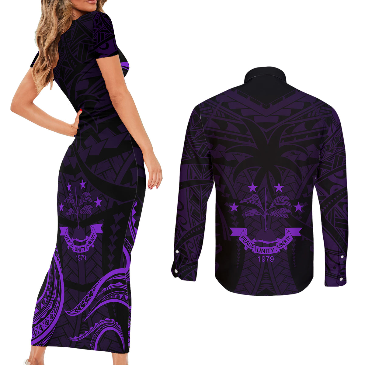 FSM Chuuk States Couples Matching Short Sleeve Bodycon Dress and Long Sleeve Button Shirts Micronesia Vintage Polynesian Tribal Purple Version LT9 - Polynesian Pride