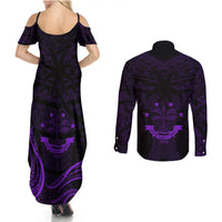FSM Chuuk States Couples Matching Summer Maxi Dress and Long Sleeve Button Shirts Micronesia Vintage Polynesian Tribal Purple Version LT9 - Polynesian Pride