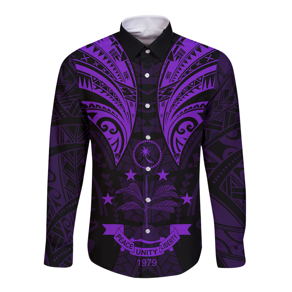 FSM Chuuk States Long Sleeve Button Shirt Micronesia Vintage Polynesian Tribal Purple Version LT9 Unisex Purple - Polynesian Pride