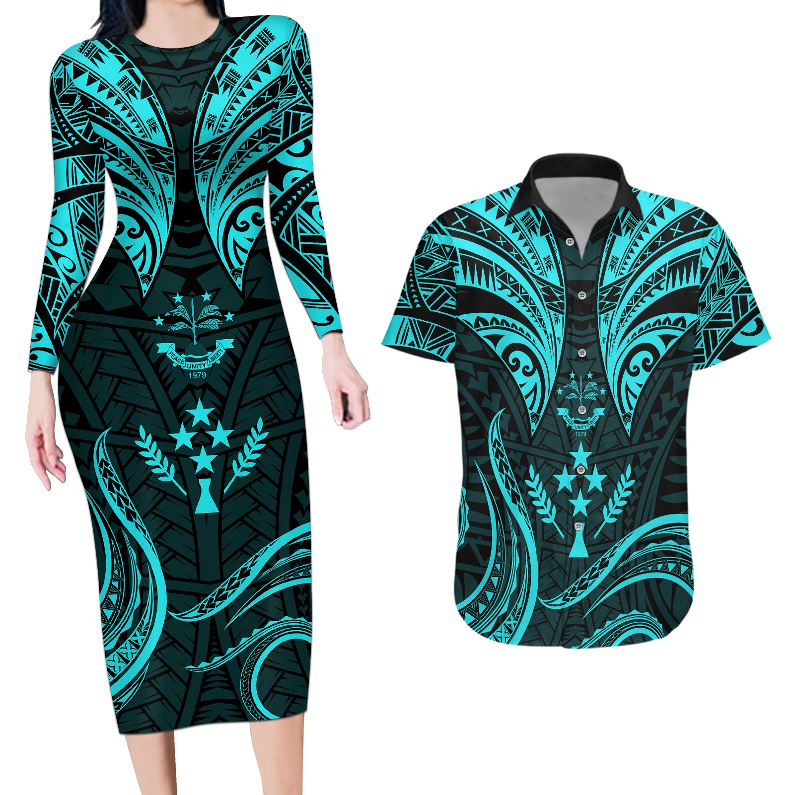 FSM Kosrae States Couples Matching Long Sleeve Bodycon Dress and Hawaiian Shirt Micronesia Vintage Polynesian Tribal Aqua Version LT9 Aqua - Polynesian Pride