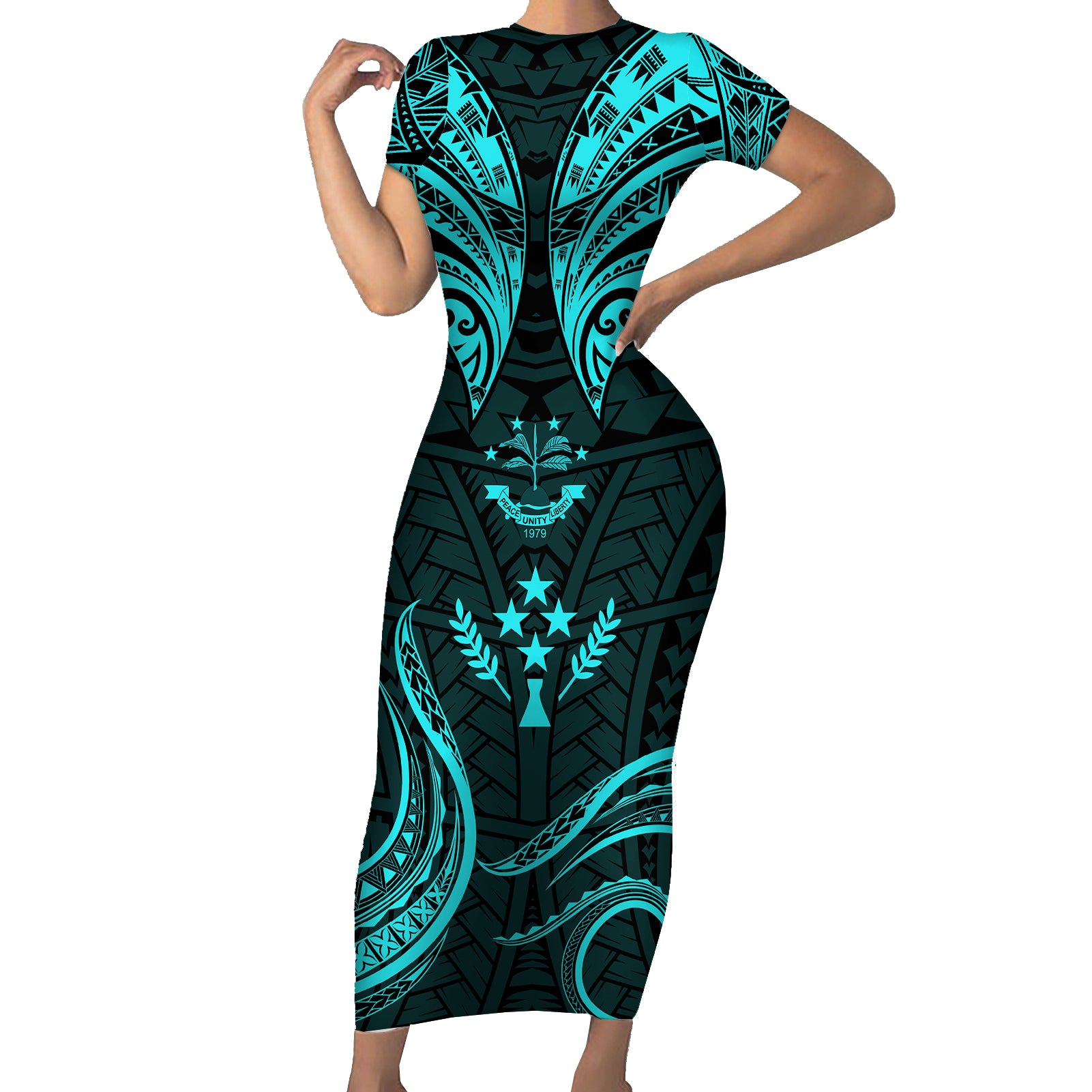 FSM Kosrae States Short Sleeve Bodycon Dress Micronesia Vintage Polynesian Tribal Aqua Version LT9 Long Dress Aqua - Polynesian Pride