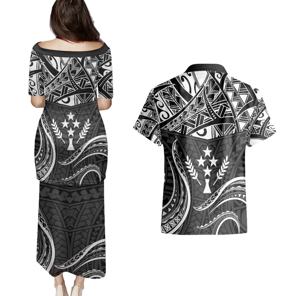 FSM Kosrae States Couples Matching Puletasi Dress and Hawaiian Shirt Micronesia Vintage Polynesian Tribal Black Version LT9 - Polynesian Pride