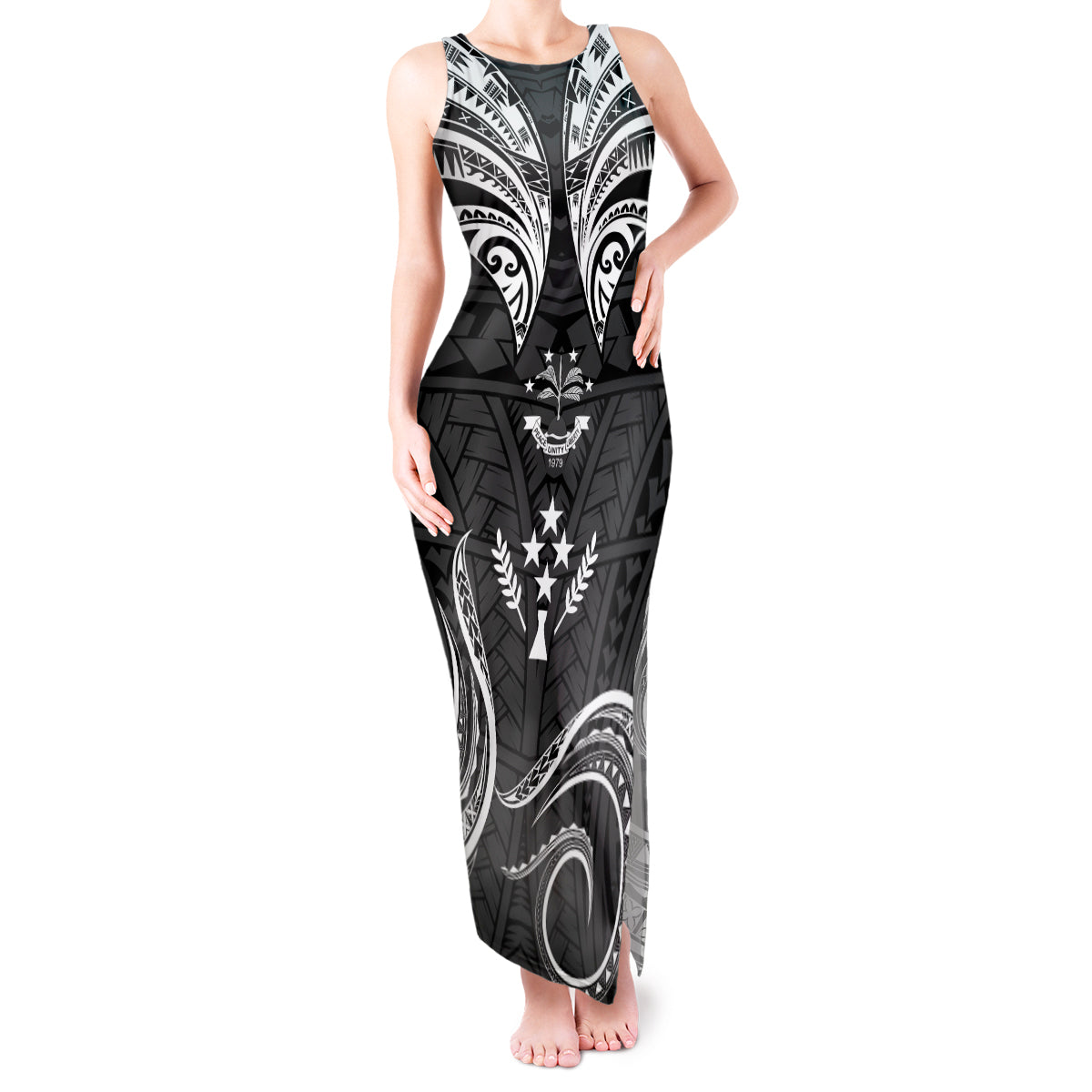 FSM Kosrae States Tank Maxi Dress Micronesia Vintage Polynesian Tribal Black Version LT9 Women Black - Polynesian Pride