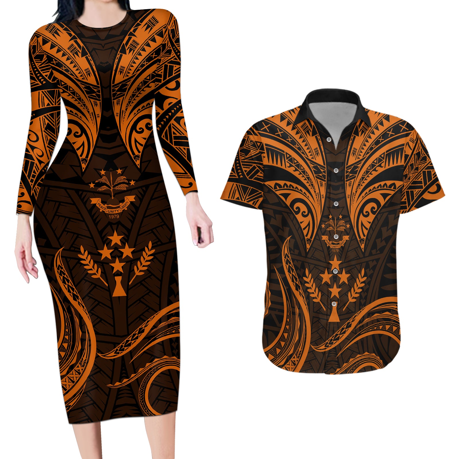 FSM Kosrae States Couples Matching Long Sleeve Bodycon Dress and Hawaiian Shirt Micronesia Vintage Polynesian Tribal Gold Version LT9 Gold - Polynesian Pride