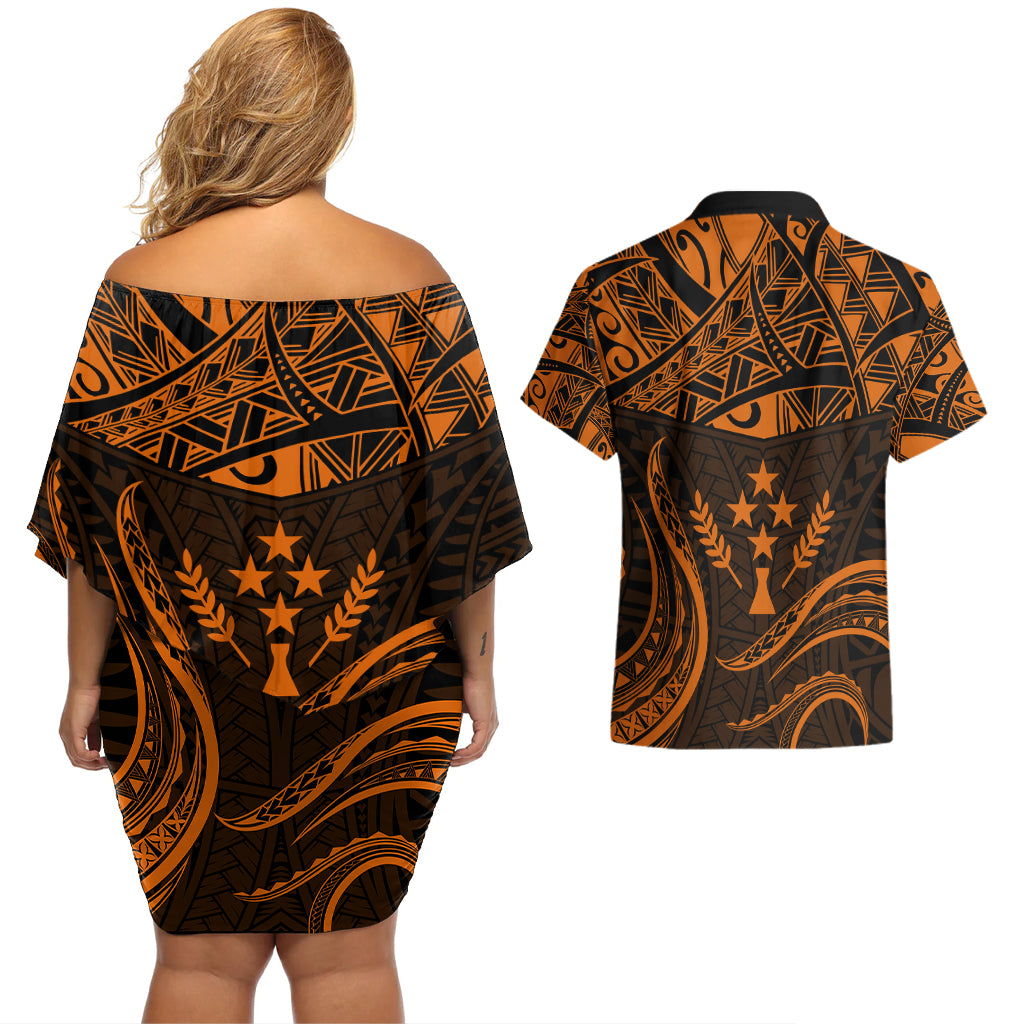FSM Kosrae States Couples Matching Off Shoulder Short Dress and Hawaiian Shirt Micronesia Vintage Polynesian Tribal Gold Version LT9 - Polynesian Pride