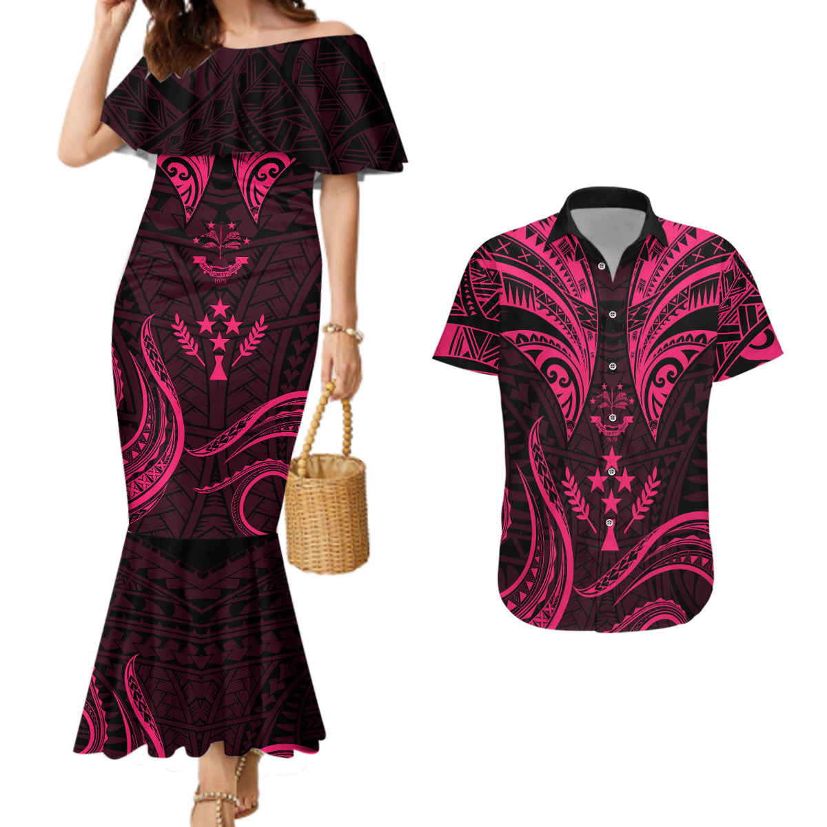 FSM Kosrae States Couples Matching Mermaid Dress and Hawaiian Shirt Micronesia Vintage Polynesian Tribal Pink Version LT9 Pink - Polynesian Pride