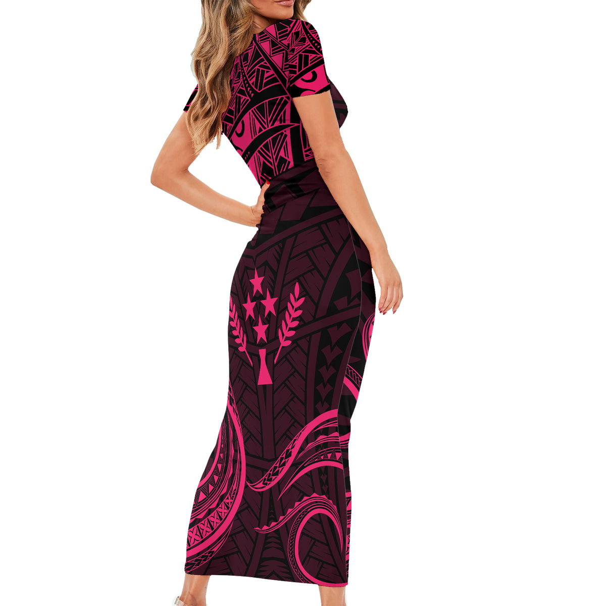 FSM Kosrae States Short Sleeve Bodycon Dress Micronesia Vintage Polynesian Tribal Pink Version LT9 - Polynesian Pride