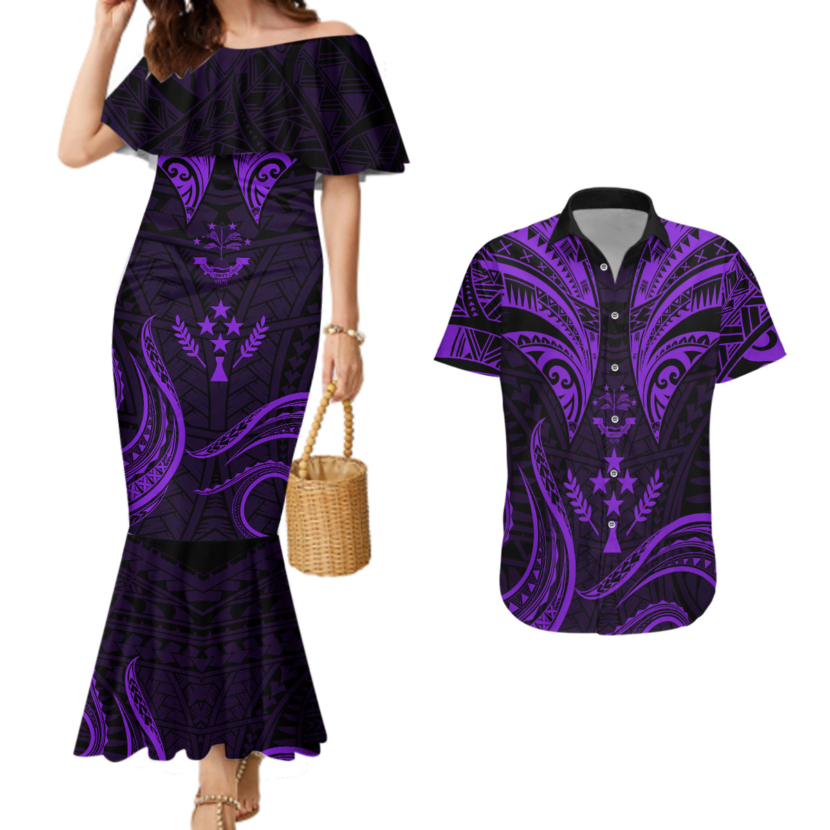 FSM Kosrae States Couples Matching Mermaid Dress and Hawaiian Shirt Micronesia Vintage Polynesian Tribal Purple Version LT9 Purple - Polynesian Pride