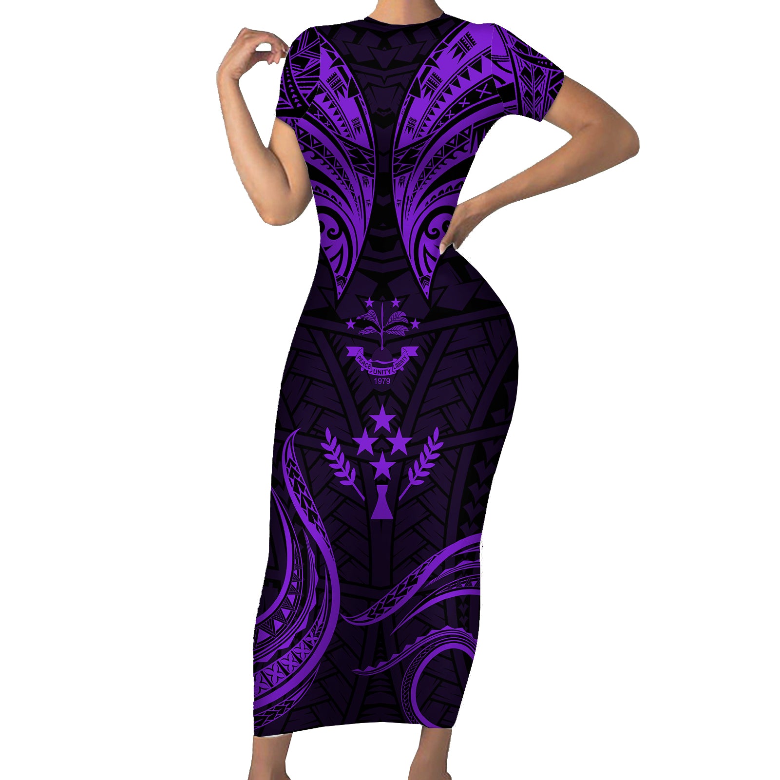 FSM Kosrae States Short Sleeve Bodycon Dress Micronesia Vintage Polynesian Tribal Purple Version LT9 Long Dress Purple - Polynesian Pride