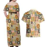 Mele Kalikimaka Hawaii Christmas Couples Matching Off Shoulder Maxi Dress and Hawaiian Shirt Melemele Mama Seamless Floral Motif - Polynesian Pride