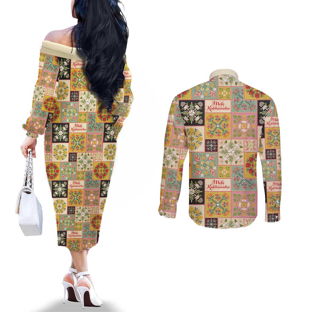 Mele Kalikimaka Hawaii Christmas Couples Matching Off The Shoulder Long Sleeve Dress and Long Sleeve Button Shirt Melemele Mama Seamless Floral Motif - Polynesian Pride