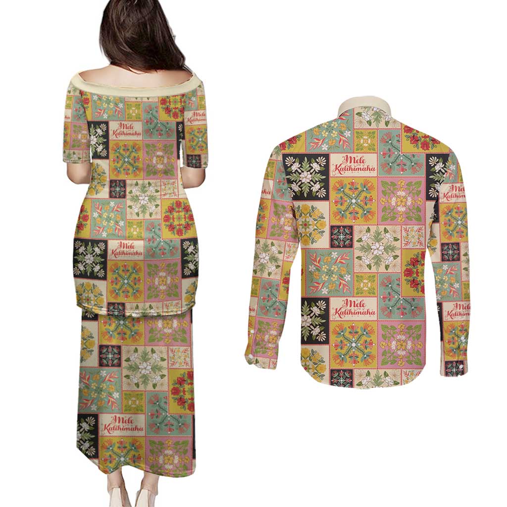 Mele Kalikimaka Hawaii Christmas Couples Matching Puletasi and Long Sleeve Button Shirt Melemele Mama Seamless Floral Motif - Polynesian Pride