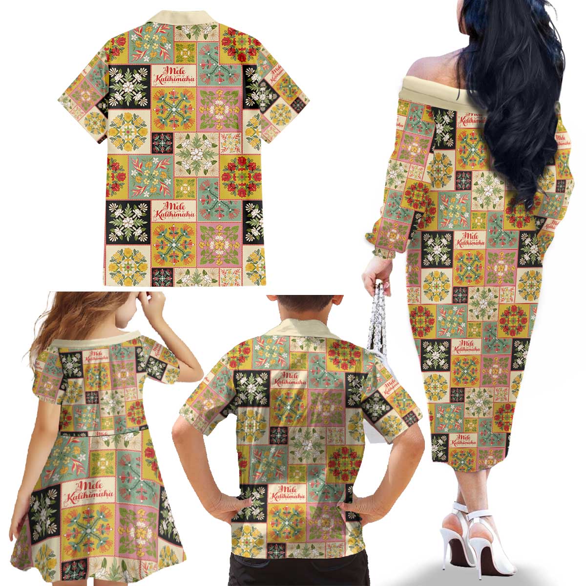 Mele Kalikimaka Hawaii Christmas Family Matching Off The Shoulder Long Sleeve Dress and Hawaiian Shirt Melemele Mama Seamless Floral Motif - Polynesian Pride