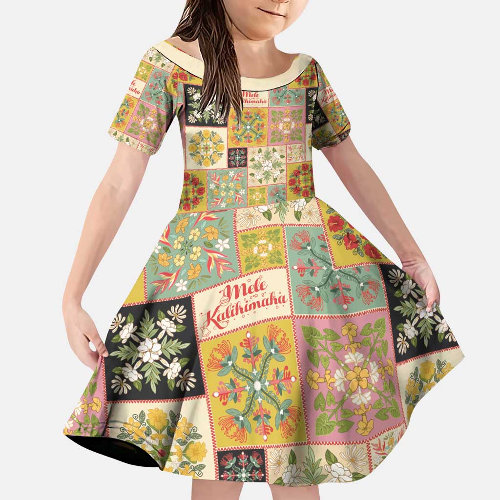 Mele Kalikimaka Hawaii Christmas Family Matching Puletasi and Hawaiian Shirt Melemele Mama Seamless Floral Motif LT9 Daughter's Dress Beige - Polynesian Pride