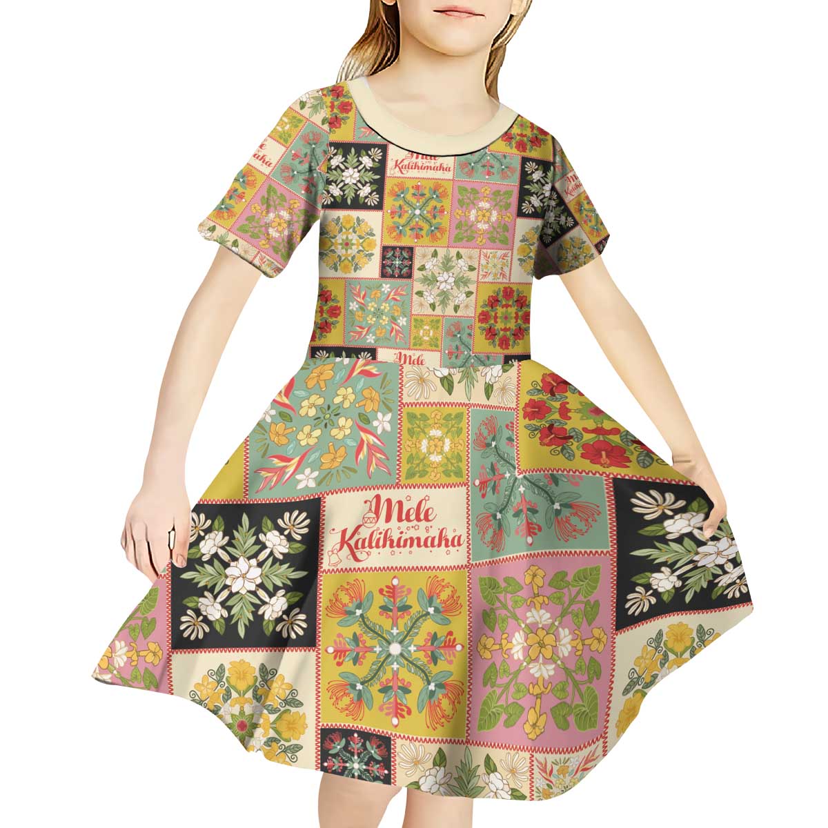 Mele Kalikimaka Hawaii Christmas Kid Short Sleeve Dress Melemele Mama Seamless Floral Motif - Polynesian Pride