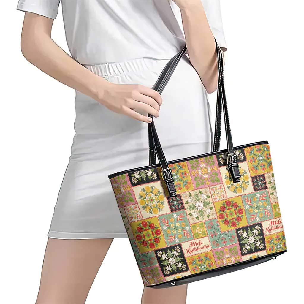 Mele Kalikimaka Hawaii Christmas Leather Tote Bag Melemele Mama Seamless Floral Motif LT9 - Polynesian Pride