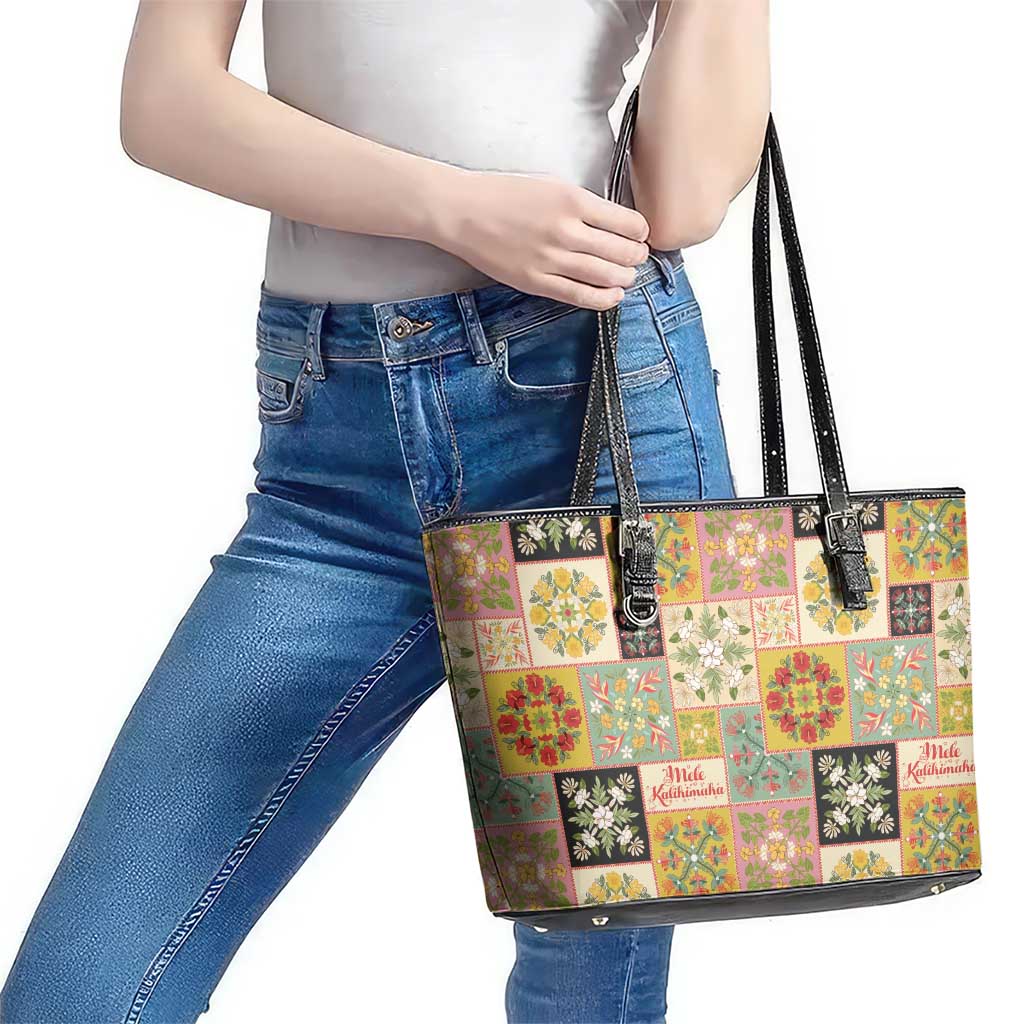 Mele Kalikimaka Hawaii Christmas Leather Tote Bag Melemele Mama Seamless Floral Motif LT9 - Polynesian Pride