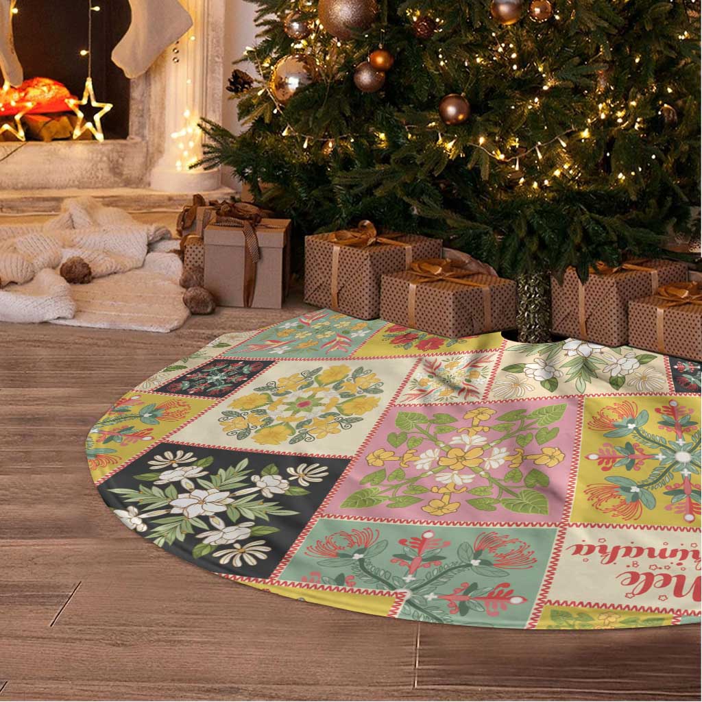 Mele Kalikimaka Hawaii Christmas Tree Skirt Melemele Mama Seamless Floral Motif LT9 - Polynesian Pride