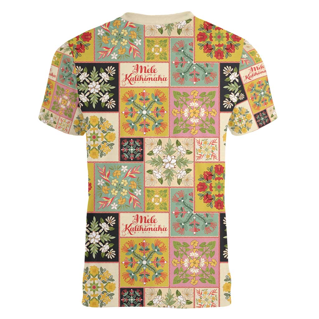 Mele Kalikimaka Hawaii Christmas Women V-Neck T-Shirt Melemele Mama Seamless Floral Motif - Polynesian Pride