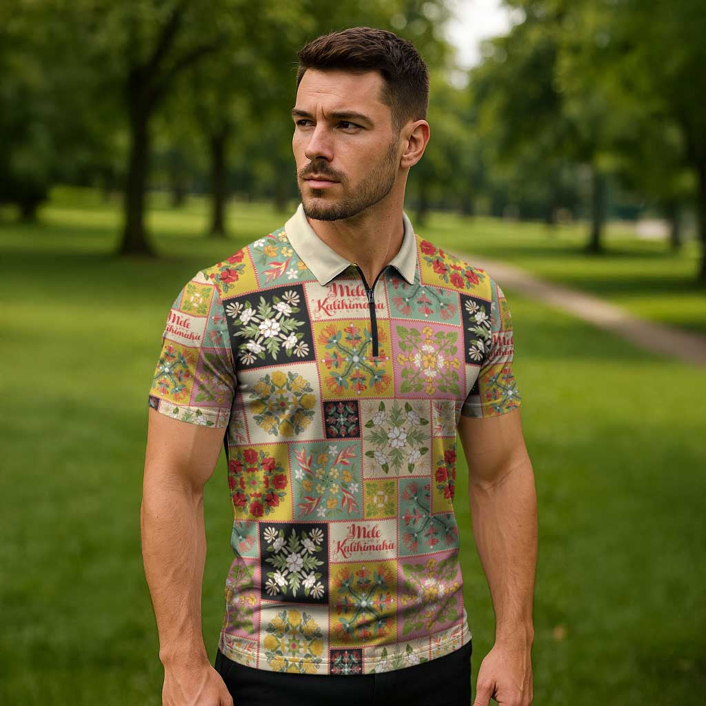 Mele Kalikimaka Hawaii Christmas Zipper Polo Shirt Melemele Mama Seamless Floral Motif - Polynesian Pride