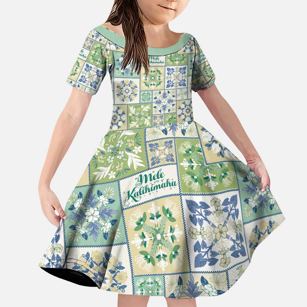 Mele Kalikimaka Hawaii Christmas Family Matching Puletasi and Hawaiian Shirt Omaomao Seamless Floral Motif LT9 Daughter's Dress Green - Polynesian Pride