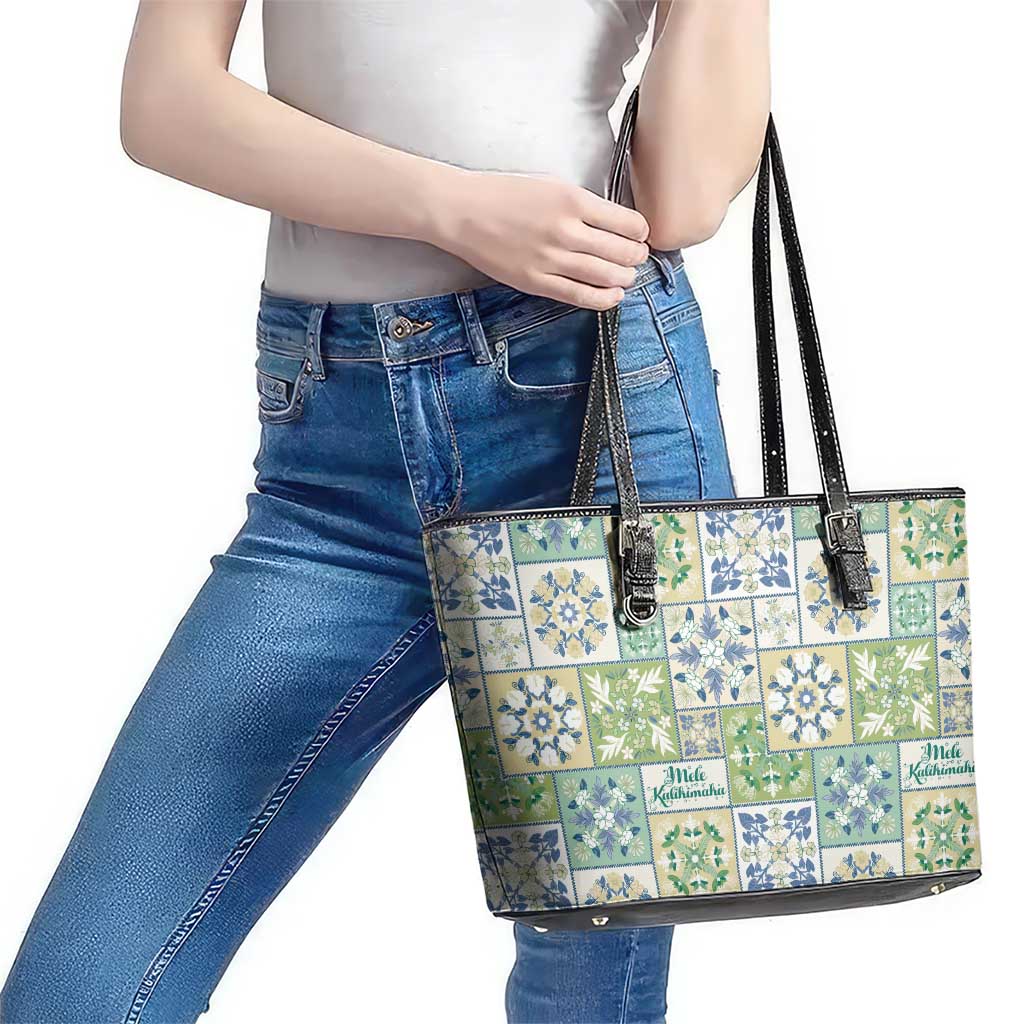 Mele Kalikimaka Hawaii Christmas Leather Tote Bag Omaomao Seamless Floral Motif LT9 - Polynesian Pride