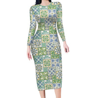 Mele Kalikimaka Hawaii Christmas Long Sleeve Bodycon Dress Omaomao Seamless Floral Motif LT9 Long Dress Green - Polynesian Pride