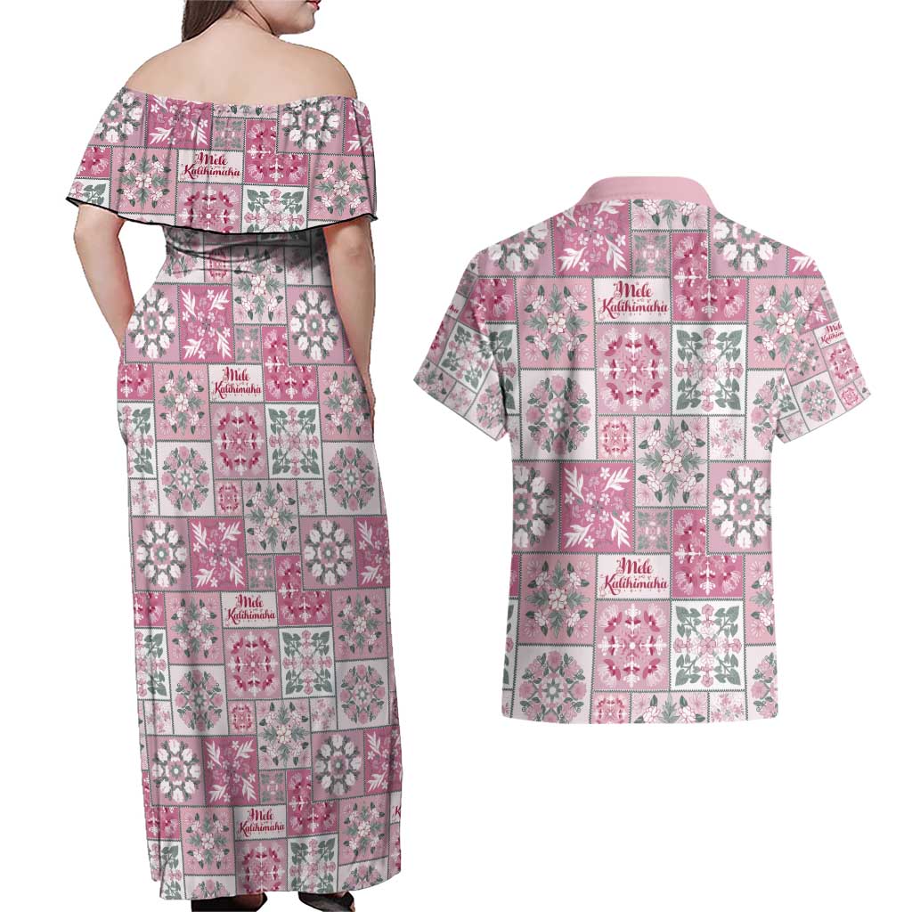 Mele Kalikimaka Hawaii Christmas Couples Matching Off Shoulder Maxi Dress and Hawaiian Shirt Akala Seamless Floral Motif - Polynesian Pride