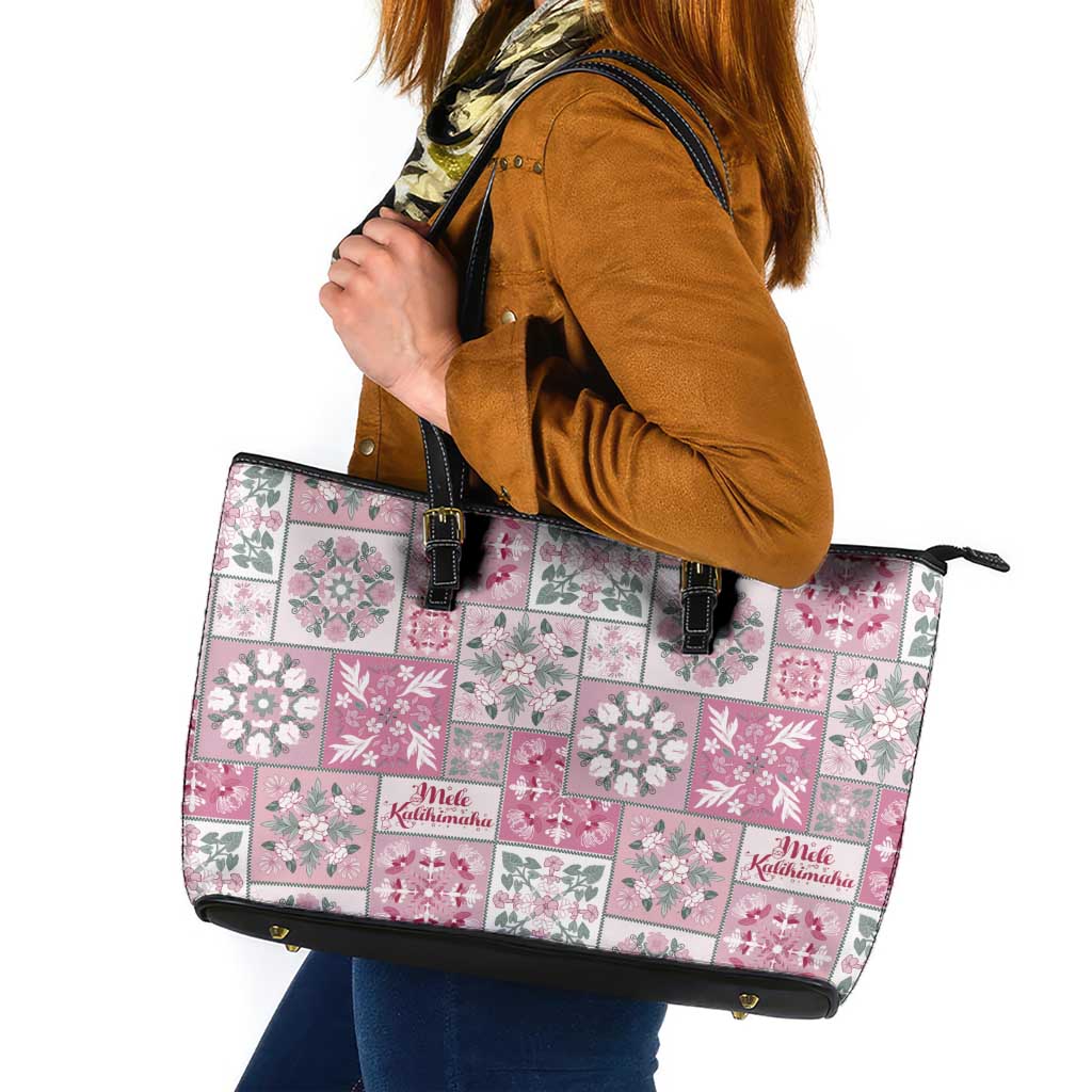 Mele Kalikimaka Hawaii Christmas Leather Tote Bag Akala Seamless Floral Motif - Polynesian Pride