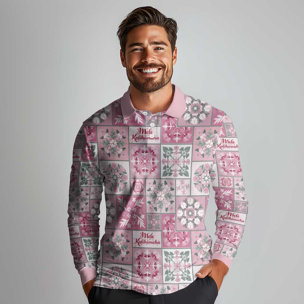 Mele Kalikimaka Hawaii Christmas Long Sleeve Polo Shirt Akala Seamless Floral Motif - Polynesian Pride