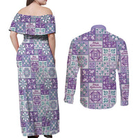 Mele Kalikimaka Hawaii Christmas Couples Matching Off Shoulder Maxi Dress and Long Sleeve Button Shirt Poni Seamless Floral Motif - Polynesian Pride