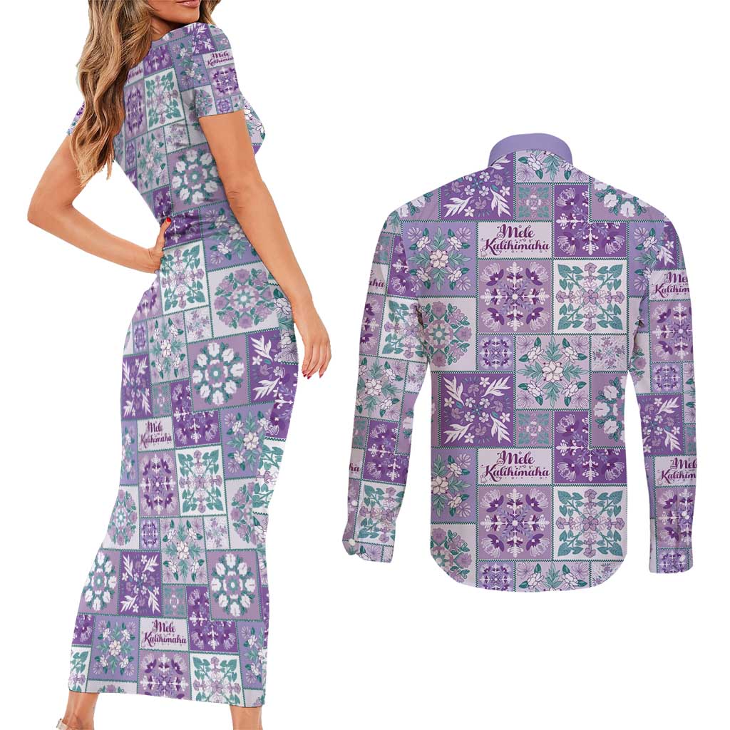 Mele Kalikimaka Hawaii Christmas Couples Matching Short Sleeve Bodycon Dress and Long Sleeve Button Shirt Poni Seamless Floral Motif - Polynesian Pride
