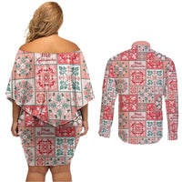 Mele Kalikimaka Hawaii Christmas Couples Matching Off Shoulder Short Dress and Long Sleeve Button Shirt Ulaula Seamless Floral Motif - Polynesian Pride