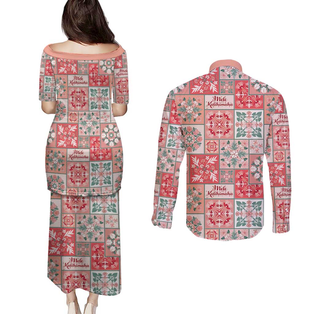 Mele Kalikimaka Hawaii Christmas Couples Matching Puletasi and Long Sleeve Button Shirt Ulaula Seamless Floral Motif LT9 - Polynesian Pride