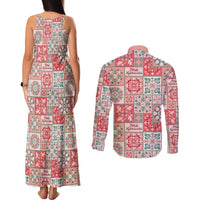 Mele Kalikimaka Hawaii Christmas Couples Matching Tank Maxi Dress and Long Sleeve Button Shirt Ulaula Seamless Floral Motif - Polynesian Pride