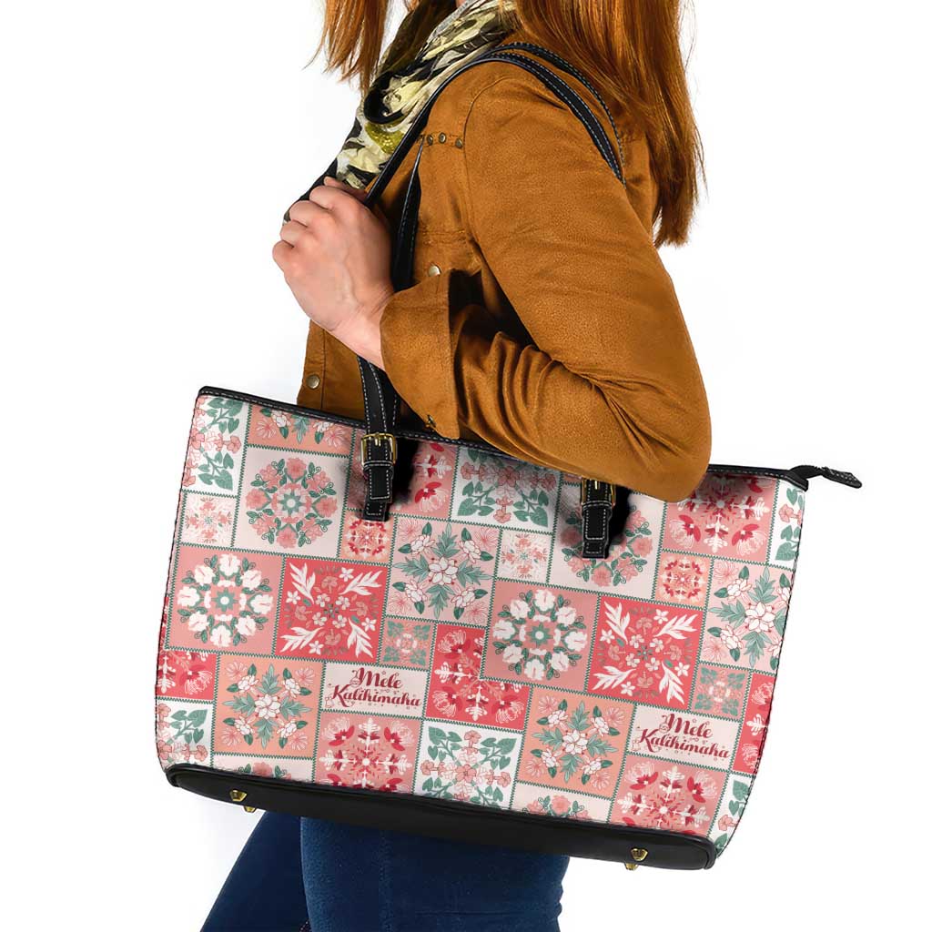 Mele Kalikimaka Hawaii Christmas Leather Tote Bag Ulaula Seamless Floral Motif - Polynesian Pride