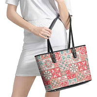 Mele Kalikimaka Hawaii Christmas Leather Tote Bag Ulaula Seamless Floral Motif LT9 - Polynesian Pride