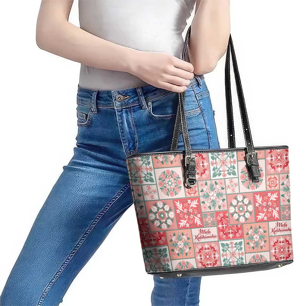 Mele Kalikimaka Hawaii Christmas Leather Tote Bag Ulaula Seamless Floral Motif LT9 - Polynesian Pride