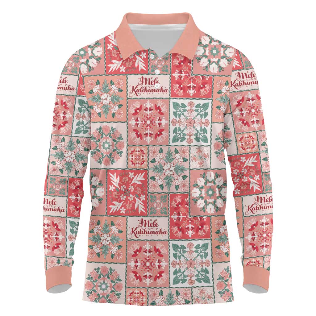 Mele Kalikimaka Hawaii Christmas Long Sleeve Polo Shirt Ulaula Seamless Floral Motif - Polynesian Pride