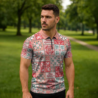 Mele Kalikimaka Hawaii Christmas Zipper Polo Shirt Ulaula Seamless Floral Motif - Polynesian Pride