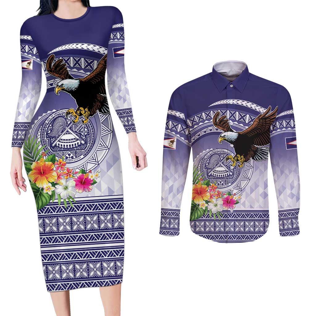 American Samoa Bald Eagle Couples Matching Long Sleeve Bodycon Dress and Long Sleeve Button Shirt Polynesian Tropical Flowers