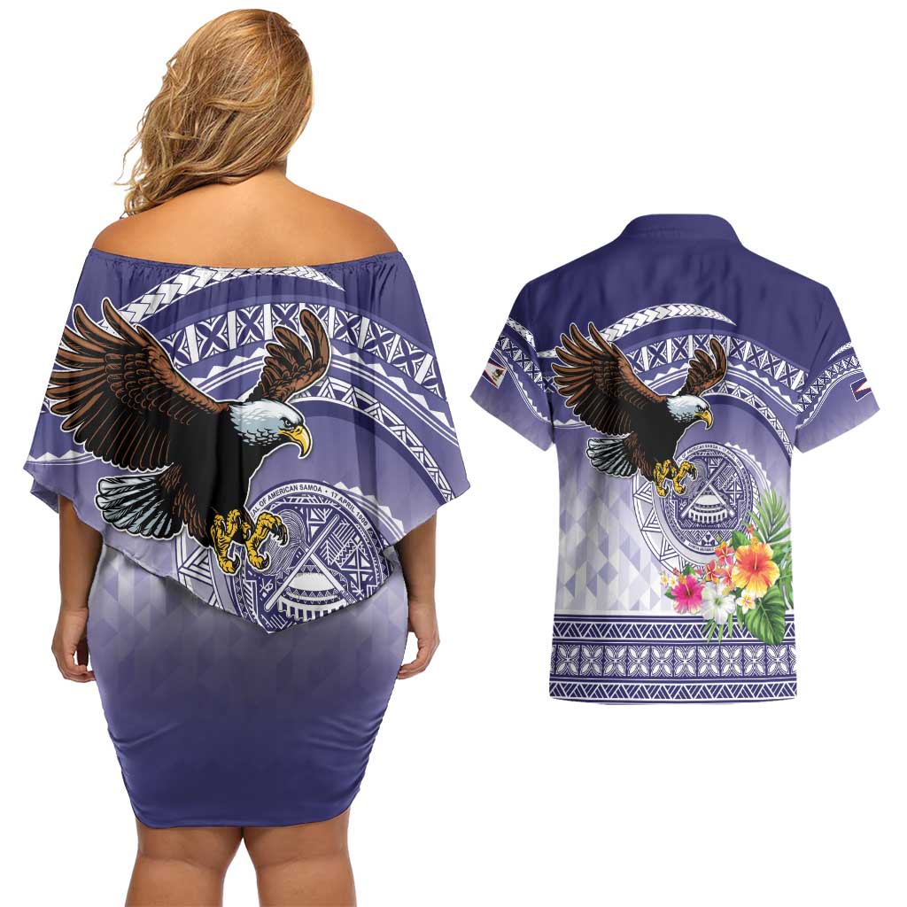 American Samoa Bald Eagle Couples Matching Off Shoulder Short Dress and Hawaiian Shirt Polynesian Tropical Flowers