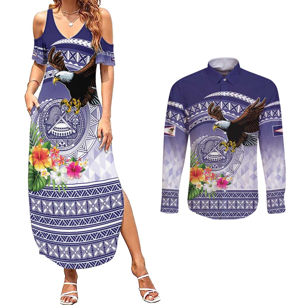 American Samoa Bald Eagle Couples Matching Summer Maxi Dress and Long Sleeve Button Shirt Polynesian Tropical Flowers