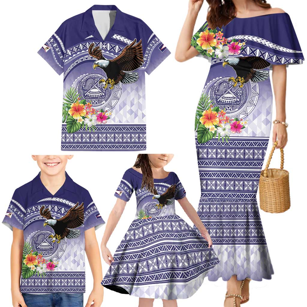 American Samoa Bald Eagle Family Matching Mermaid Dress and Hawaiian Shirt Polynesian Tropical Flowers