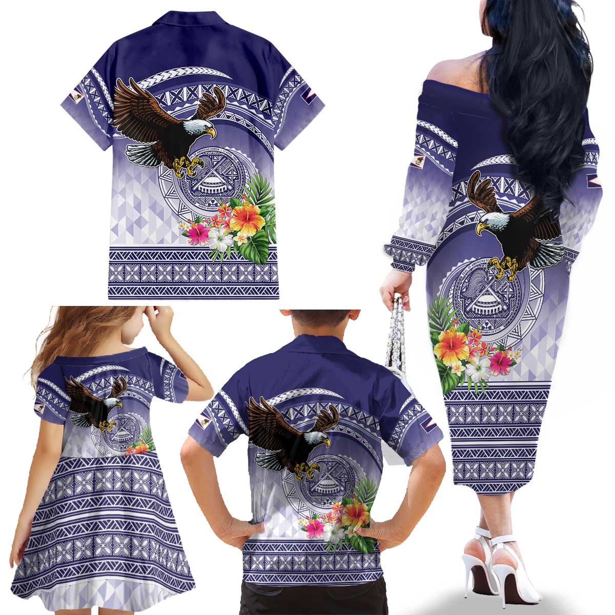 American Samoa Bald Eagle Family Matching Off The Shoulder Long Sleeve Dress and Hawaiian Shirt Polynesian Tropical Flowers