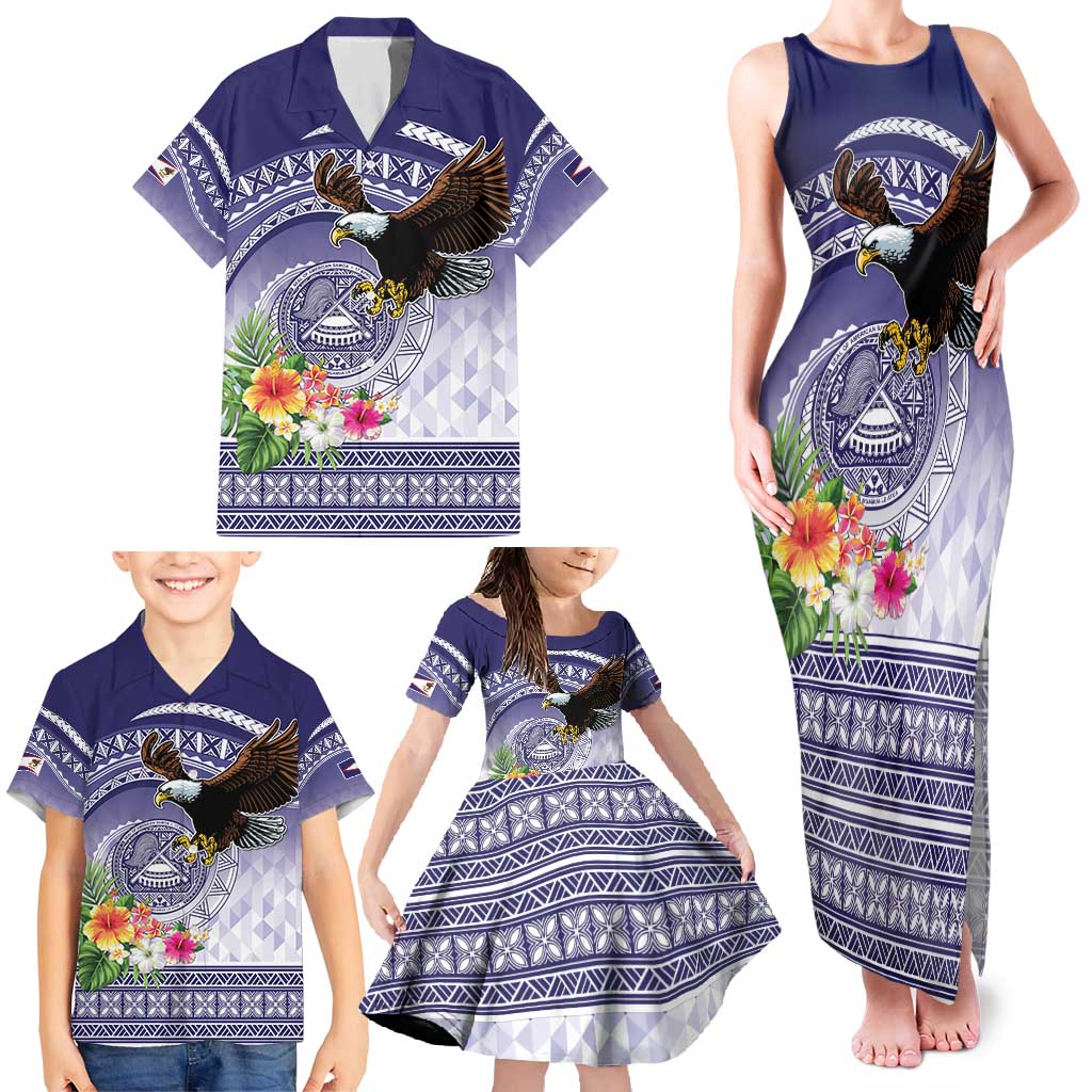 American Samoa Bald Eagle Family Matching Tank Maxi Dress and Hawaiian Shirt Polynesian Tropical Flowers